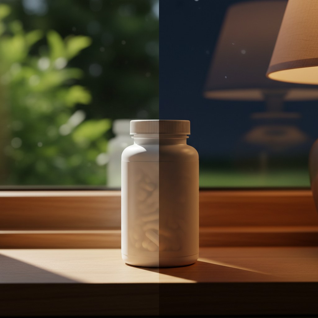 White magnesium bottle on a windowsill split between bright morning sunlight and warm evening lamp glow
